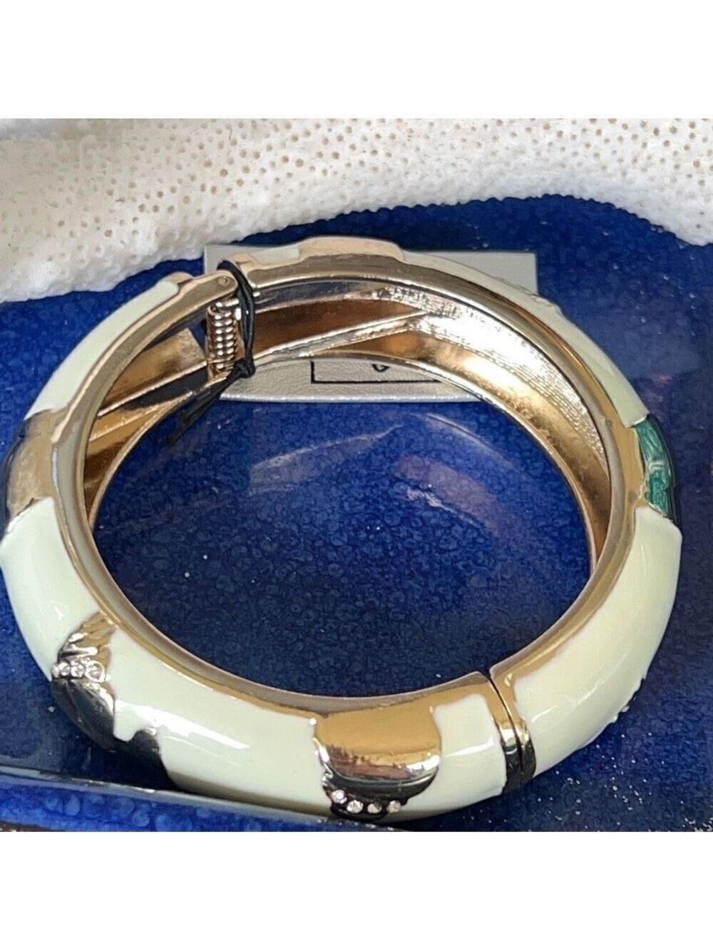 White Enamel Geometric Pattern Accented with Clear Crystals in Gold Hinged New W